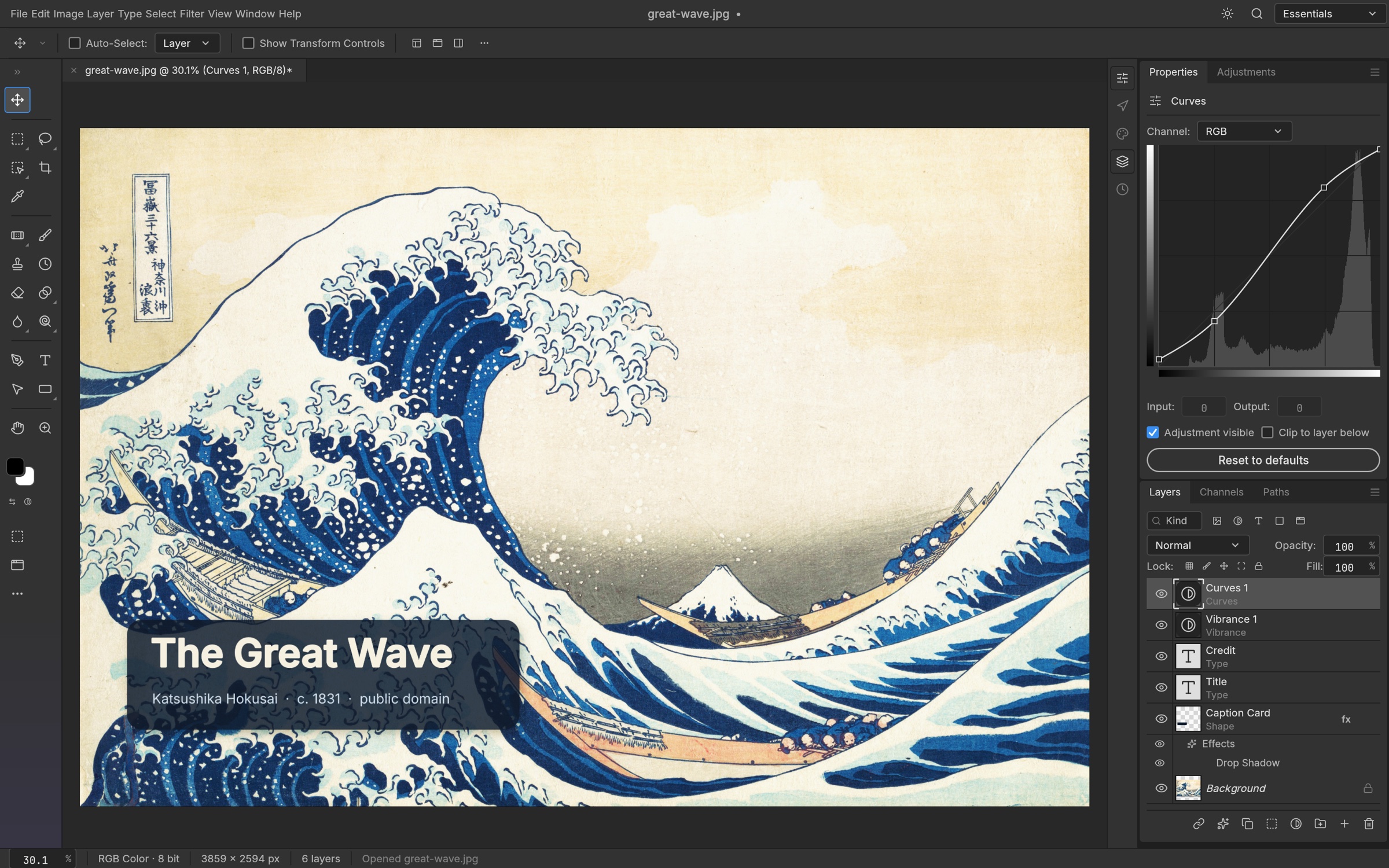 Official PhotoCraft interface editing The Great Wave with layers, curves and text