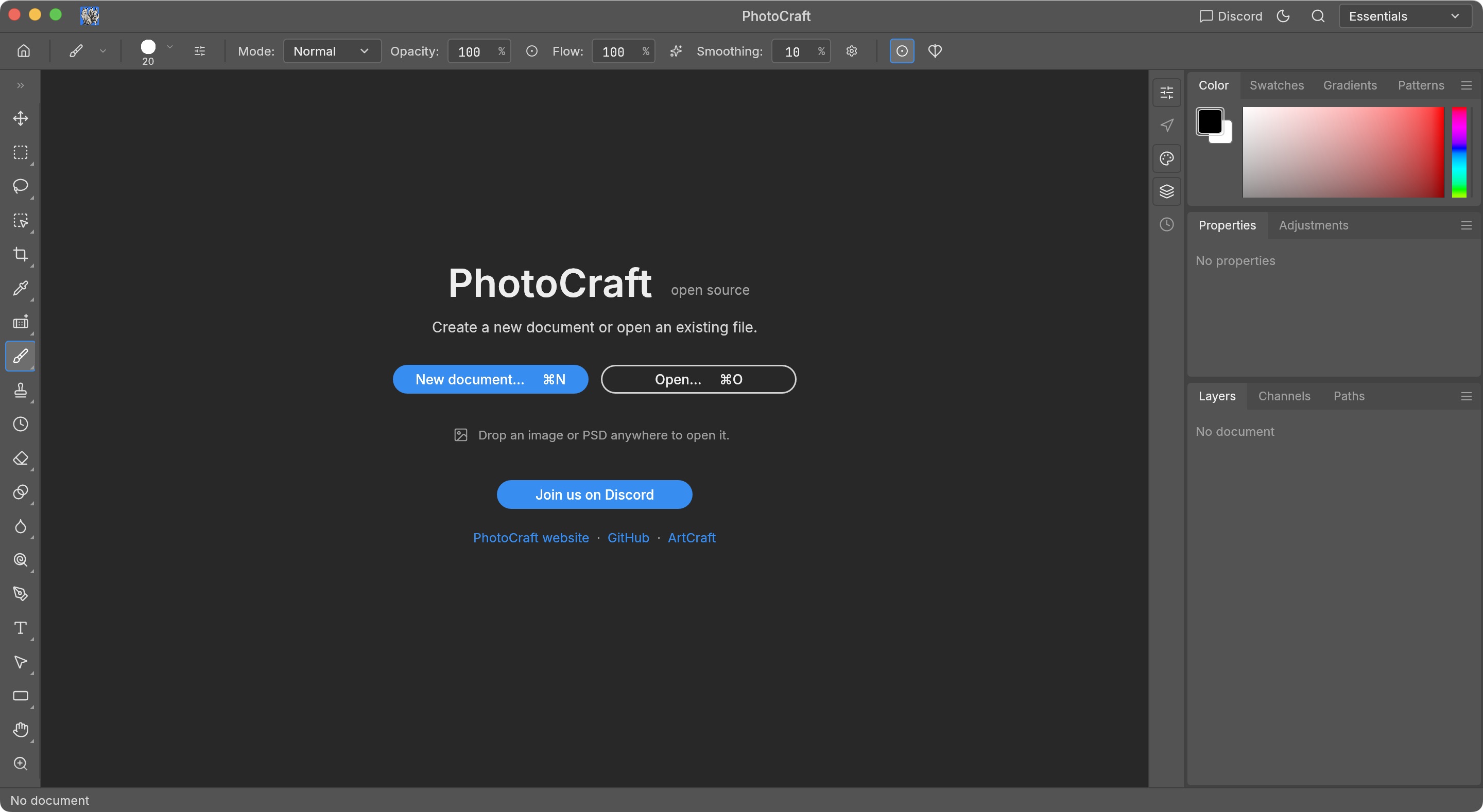 安装的 PhotoCraft 0.7.0 在 macOS 15.5 / Apple M2 上进入这个欢迎界面。